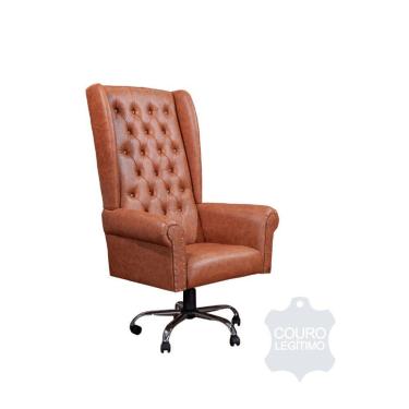 Imagem de Cadeira De Escritório Giratória Presidente Chesterfield Via  Em Couro Legítimo Moca