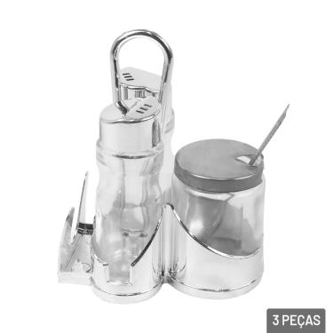 Imagem de Galheteiro de Vidro 3 Pçs com Suporte Metal - Tudo em Caixa