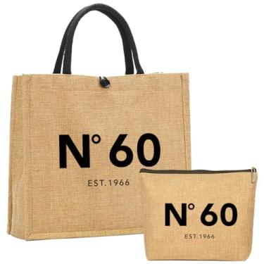 Imagem de NGLIV Presentes de aniversário de 60 anos para mulheres, presentes de aniversário de 1966 para mulheres, sacolas de compras reutilizáveis e bolsa de maquiagem, sacola fofa de palha de juta, presente