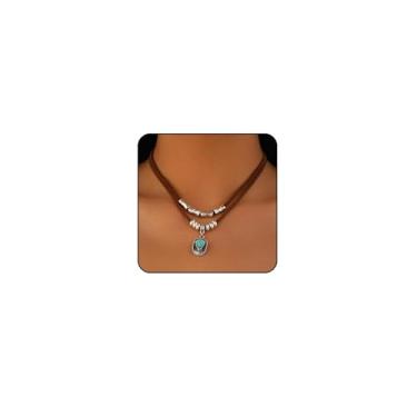 Imagem de chinensis Colares Boho para mulheres Western Cowgirl – Colar vintage turquesa com pingente de estrela, cacto, chapéu e moeda – Colar de couro em camadas ajustável para mulheres