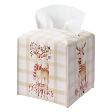 Imagem de Capa quadrada de caixa de Natal, suporte de caixa de lenços decorativa quadriculada de rena em aquarela, dispensador de caixas de lenços de couro à prova d'água para banheiro, escritório, quarto, mesa