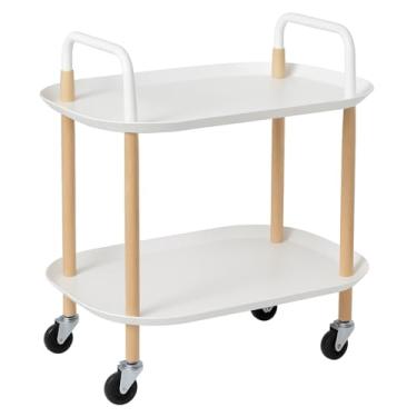 Imagem de Carrinho Organizador Multiuso com 2 Prateleiras, Branco e Madeira, com Rodízios, Estilo Moderno para Sala e Cozinha