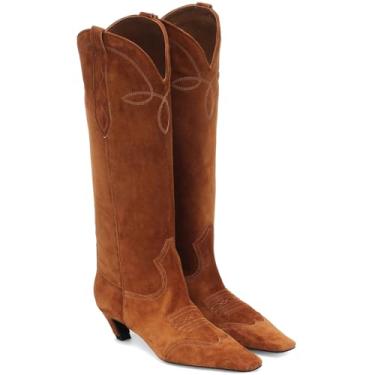 Imagem de DOEYG Botas de camurça caubói cano alto para mulheres, bico fino, botas de vaqueira, salto gatinho, botas ocidentais, botas de cano largo, botas altas modernas, elegantes e confortáveis, Caramel, 36