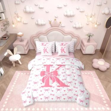 Imagem de Erosebridal Conjunto de edredom solteiro com letra K e letra K | Jogo de cama com laço rosa em uma bolsa, estilo princesa sonhadora, para crianças, meninos e meninas, conjunto de lençol com edredom