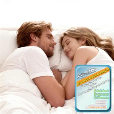 Imagem de FCMEDZI Jogo de lençol descartável para viagem, acampamento e hotel, 1 lençol de cama, 1 capa de colcha, 2 fronhas, roupa de cama respirável, portátil, (conjunto de cama de casal com 4 peças)