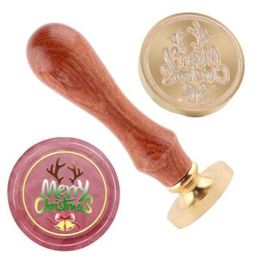 Imagem de Carimbo de lacre de cera de Natal Merry Christma carimbo de latão e uma alça de madeira para cartões de Natal, convites de festa, envelopes de cartas, cartões de felicitações, presentes