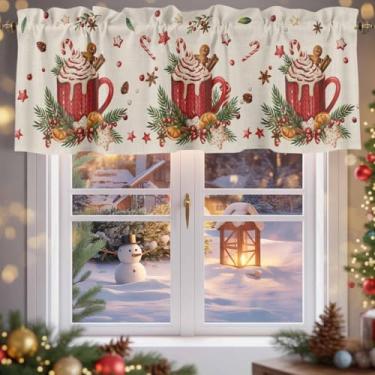 Imagem de Saia de Natal para janelas de cozinha, ramos de pinheiro de inverno para balas de Natal, cortinas curtas, cappuccino, retrô, linho, para quarto, banheiro, 1 painel 137 x 45 cm