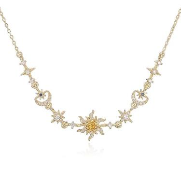 Imagem de Cykdohy Colar feminino com pingente de lua e sol de strass luxuoso, zircônia, cúbico, explosão de sol, gargantilha ajustável, moda, delicada, Natal, casamento, formatura, joias para presentes