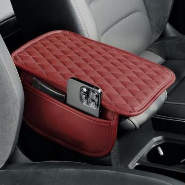 Imagem de JIATUWAN Capa de console central universal de couro para console protetor, capa de descanso de braço de carro com 2 bolsos laterais, almofada de console intermediária à prova d'água adequada para a