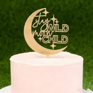 Imagem de Topo de bolo infantil de acrílico Stay Wild Moon, decoração de bolo de chá de bebê com estrelas para novos bebês, meninos, meninas, batismo, gênero, revelação, decoração de festa