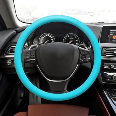 Imagem de HQRNYP Capa de volante de carro, protetor de volante de silicone antiderrapante de 33 a 36 cm, acessórios para carro, textura de couro macio, capa protetora para a maioria dos carros (azul celeste)