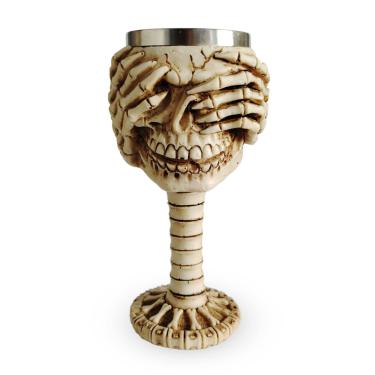 Imagem de Cálice Taça Decorativa Caveira Não Olhe Vinho Chopp Cerveja 180ML Metal e Resina Colecionável