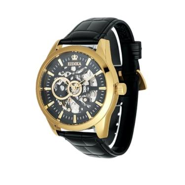 Imagem de Eidika Relógio mecânico automático clássico masculino – série Leadership – pulseira de couro, ponteiros luminosos, fundo de caixa de exposição, resistente à água, corda automática, movimento japonês