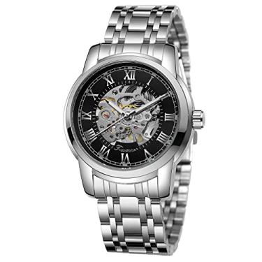 Imagem de WENFVVIN Relógio masculino esqueleto Reloj mecânico com corda manual, aço inoxidável, luminoso, números romanos, relógio analógico, Preto