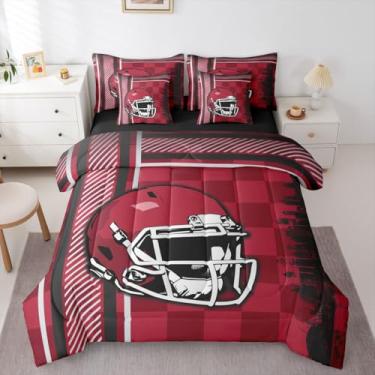 Imagem de Jogo de lençol solteiro com edredom de futebol americano, 7 peças, jogo de cama esportivo de rúgbi, bola de rúgbi, capacete de futebol americano, jogos competitivos, europeu, vermelho, preto (Atlanta)