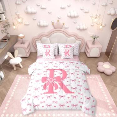 Imagem de Erosebridal Jogo de cama de casal com laço coquete rosa, 7 peças, letra R, fita mágica, para meninos, meninas, crianças, lençol com elástico e lençol de cima, estilo princesa sonhadora