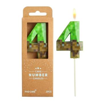 Imagem de PHD CAKE Velas de aniversário número 4 pixeis de cristal de 6 cm, velas verdes com número de mineiro, velas com número de bolo, celebração de festa, vela estilo