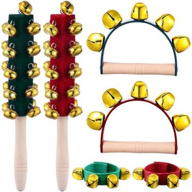 Imagem de 6 sinos de trenó de Natal, inclui 2 sinos de mão de madeira, 2 sinos de trenó e 2 sinos de pulseira para música de férias, presentes de aniversário, sinos dourados festivos para celebração de Natal