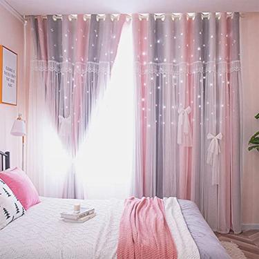 Imagem de Cortina blackout de camada dupla com estrelas abertas, misture e combine cortinas blackout de voile transparente, cortina de ilhó para quarto de meninas, com sobreposição de tule, isolamento térmico