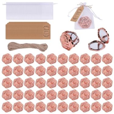 Imagem de FREEBLOSS Conjunto de 50 espelhos compactos rosa a granel espelho rosa 3D com 50 cartões e 50 sacos de organza para casamento, aniversário, festa de chuveiro, presente de viagem, 6,3 cm redondo
