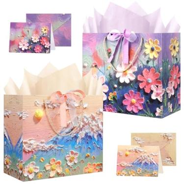 Imagem de Pacote com 2 sacos de presente de pintura a óleo grande de 35 cm com desenho floral com cartão comemorativo, 2 papéis de seda e fita para comemorar aniversário, Natal, chá de bebê, festa infantil e