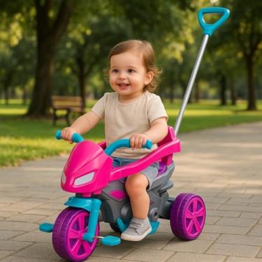 Imagem de Triciclo Infantil Com Haste Empurrador e Pedal Moto Rider Motoquinha Andador Usual Brinquedos Menino e Menina (Rosa)