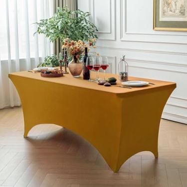 Imagem de FOLINS&HOME Toalha de mesa retangular dourada de 1,2 m com elástico, resistente à água, lavável e lavável para mesas dobráveis de 1,2 m, toalha de mesa elástica para casamentos, banquetes, festas