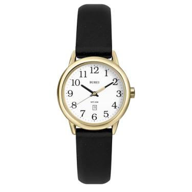 Imagem de BUREI Relógio feminino preto com pulseira de couro, simples luminoso, relógio unissex (dourado preto)