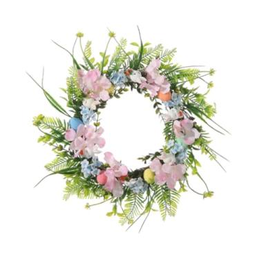 Imagem de rockible Decoração de ovo de páscoa, guirlanda de flores artificiais de primavera, mobiliário doméstico, ornamento, porta frontal pendurada para prateleira,
