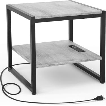 Imagem de Homieasy Mesa de canto com estação de carregamento, mesa lateral quadrada de 50 cm com portas USB e tomadas, mesa de cabeceira preta com prateleira de armazenamento de 2 níveis, suporte de mini