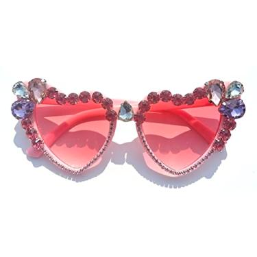 Imagem de willochra Óculos de sol femininos com strass em forma de coração com diamantes brilhantes para festa, rosa, Medium