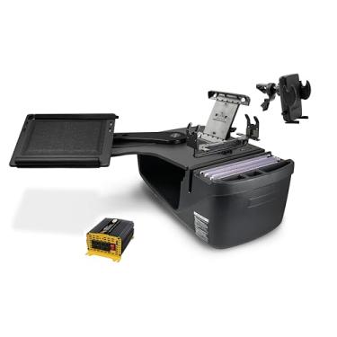 Imagem de AutoExec Alcance o banco traseiro da mesa para a estação de trabalho do seu veículo e escritório móvel, preto, com inversor de potência de 400 watts, suporte para tablet, suporte de impressora e clipe