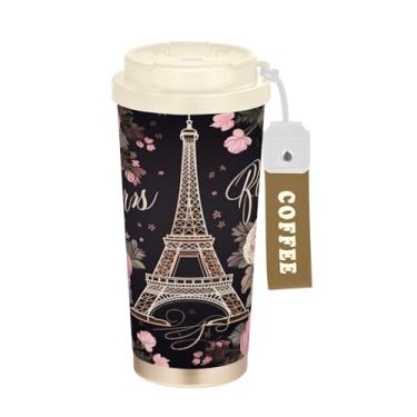 Imagem de Blueangle Caneca de café com isolamento térmico da Torre Eiffel com flores - copo de aço inoxidável à prova de vazamento e derramamento para acampamento e ar livre, garrafa de água reutilizável de 500