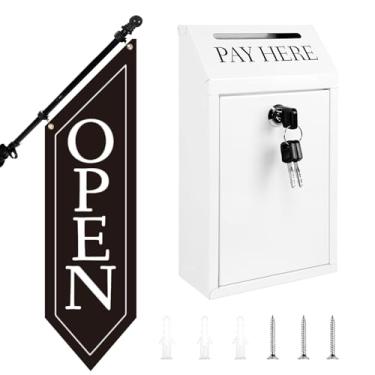 Imagem de Caixa de metal com chave SAFELocking – Cofre de coleção de dinheiro de 25,9 x 14,5 x 7,1 cm para suporte de fazenda ou varejo – Kit de bandeira aberta com mastro e suporte, placa aberta de tela dupla