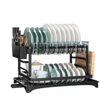 Imagem de HGTRH Escorredor de pratos de 2 camadas para balcão de cozinha, escorredor de pratos com bandeja de coleta de água, organizador de placas de aço carbono para tigelas/copos/garrafas, preto
