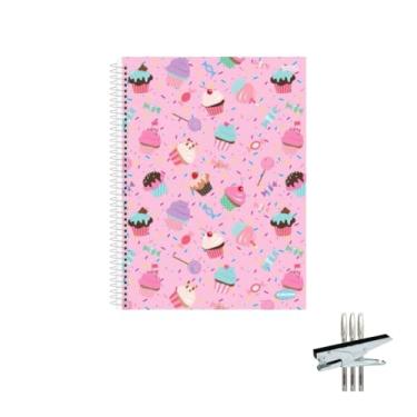 Imagem de Kit Caderno Feminino 10 Matérias Capa Dura 200 Folhas KBOM + Caneta Trigel Branca 0.8mm + Grampeador Alicate HP45