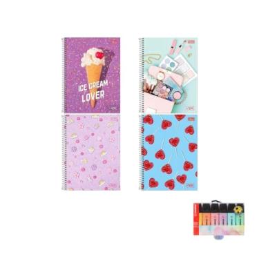 Imagem de Kit Caderno Universitário Vibe Feminino 1M 80F Tilibra + Caneta Esferográfica Spiro 24 Unidades + Marca Texto Boss 6 Cores Pastel