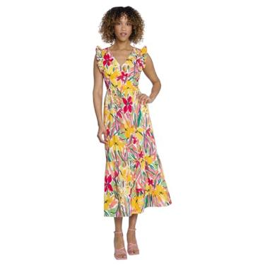 Imagem de Maggy London Decote V coquetel, babados, bolsos maxi | Vestidos de verão para mulheres, Branco macio/amarelo, 52