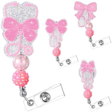 Imagem de Misdary 4 peças de carretel de crachá engraçado para enfermeira, carretel de crachá de estetoscópio de laço rosa bonito suporte retrátil com clipe de identificação com clipe jacaré para assistente