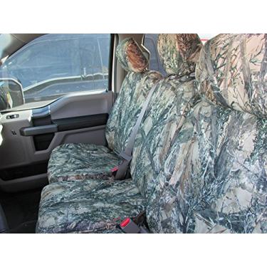 Imagem de Durafit Seat Covers, Capas de assento F509 MC2 C impermeáveis MC2 Camo Endura compatíveis com Ford F150 XLT/Lariat 2015-2021, banco dianteiro dividido 40/20/40, abertura inferior do assento e console aberto.