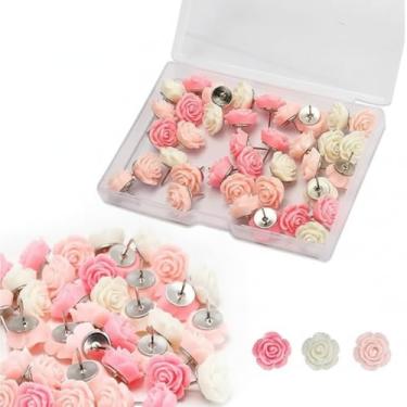 Imagem de 40 peças de pinos decorativos de rosa, tachas de polegar florais para quadro de cortiça, quadro de avisos, fotos, mapas, material de escritório e escola, tachinhas de flores de resina