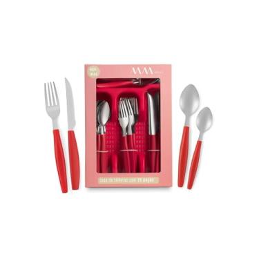 Imagem de Jogo de Faqueiro 25 Peças com Porta Talher, Aço Inox, Vermelho, 6 Pessoas, Inclui Colheres, Garfos, Facas