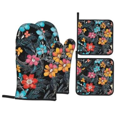 Imagem de Conjunto de luvas de cozinha com estampa floral azul com suportes de tampa, luvas de forno resistentes ao calor para manusear panelas quentes, grelhar, churrascos, kit de 4 peças.