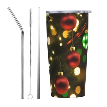 Imagem de Zeraoke Decorações de Natal brilhantes impressão 590 ml caneca de aço inoxidável com tampa de palha, caneca de palha de carro, mantém as bebidas frias para escritório, casa, funciona muito bem para
