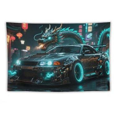 Imagem de HouLaiZhe JDM Tapeçaria de carro dragão ciano R32 modificado carro esportivo legal pendurado na parede quarto decoração de casa tapeçarias estética piquenique decoração de parede arte de parede para