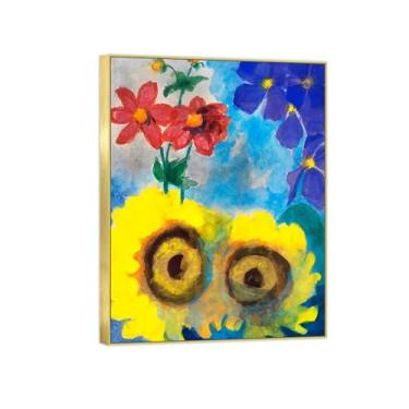 Imagem de Pintura de arte de parede de flores - imagem de decoração vintage - girassóis e flores vermelhas - impressões em tela moldura dourada para sala de estar 50 x 65 cm 20 x 26 pol