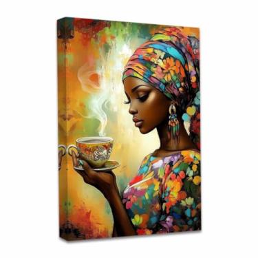 Imagem de QIXIANG Black Girl Canvas Wall Art African American Picture Wall Decor Black Woman and Coffee Painting Prints Decoração de sala de estar emoldurada (marrom, 61 cm C x 40 cm)