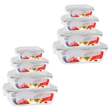 Imagem de Kit 8 Potes de Vidro Hermetico 4 Tamanhos Retangular Marmita - QUALITY