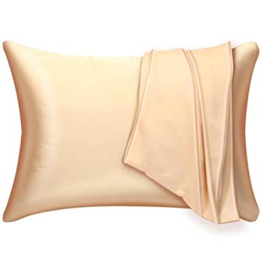 Imagem de Capa de almofada de seda amoreira, pacote com 2 para cabelo e pele, com zíper oculto. Capa de almofada de seda macia respirável macia e respirável nos dois lados (king, bege)