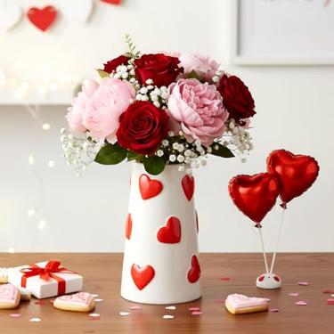 Imagem de Chunful Decoração de Dia dos Namorados em relevo coração vermelho vaso de cerâmica para decoração de casa, dia dos namorados para mulheres, meninas, buquê decorativo moderno, vasos brancos para